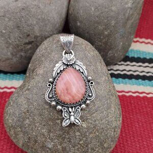 Southwest Pink Rhodochrosite Sterling Silver Pendant Butterfly Flower Leaf